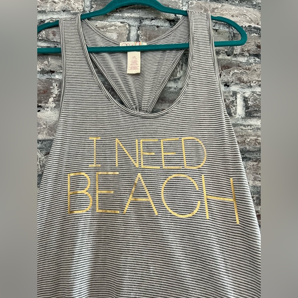 Gray Striped Tank Dress/swimsuit cover up with Gold Print I NEED BEACH